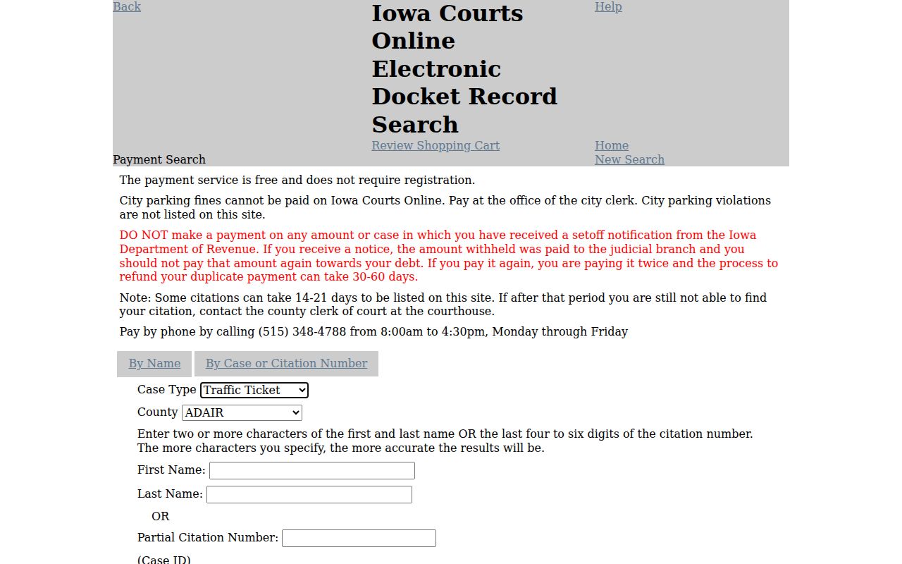 Lee County criminal court case search fields in Iowa ePayment