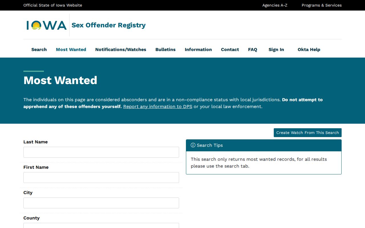 Lee County sex offender registry absconder warning interface
