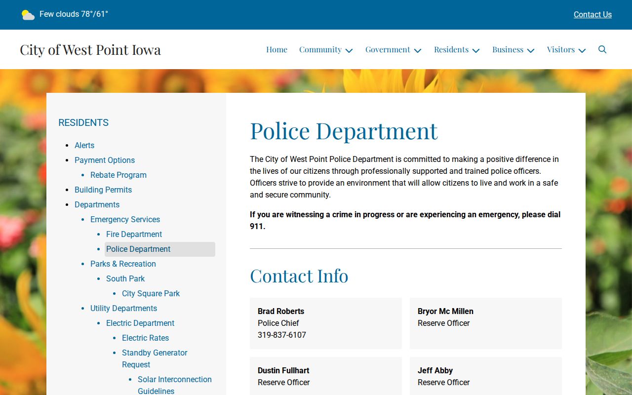 West Point criminal records contact page for the police department